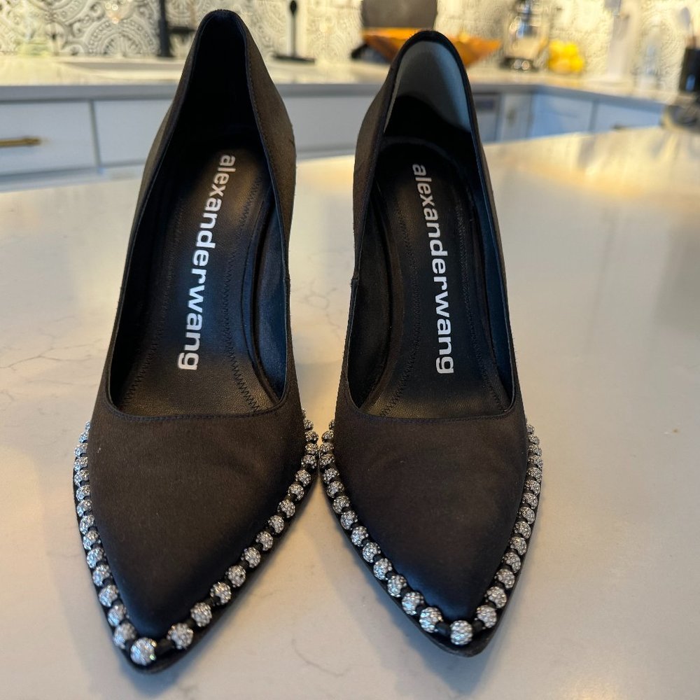 ALEXANDER WANG Black Satin Pave Crystal Trim Pointed H/H Rie Pumps 39